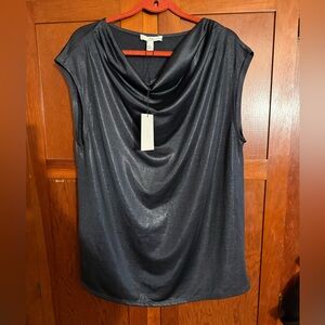 NWT Halston Charcoal Cowl Neck Tshirt Top XL Black Knit Lurex